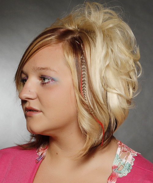 Medium Wavy   Light Blonde  Hairstyle with Side Swept Bangs  and  Brunette Highlights - side view