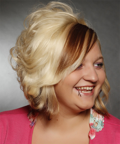 Medium Wavy   Light Blonde  Hairstyle with Side Swept Bangs  and  Brunette Highlights - side on view