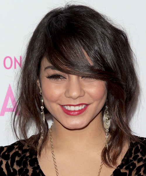 Vanessa Hudgens Medium Wavy   Dark Brunette   Hairstyle with Side Swept Bangs