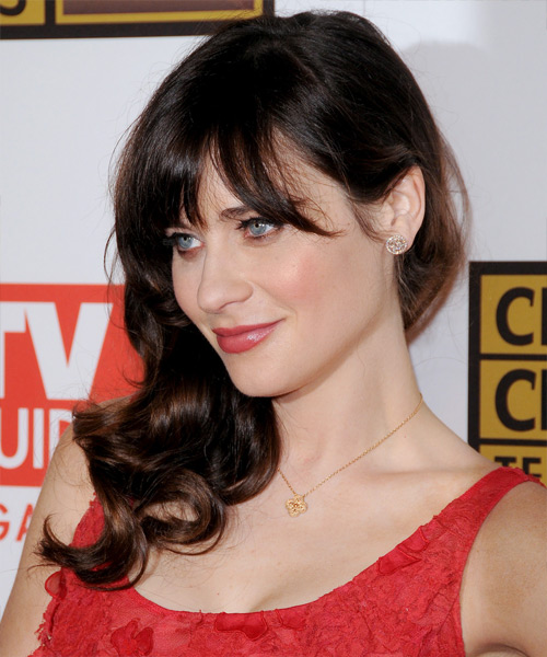Zooey Deschanel Long Straight   Dark Brunette   Hairstyle with Blunt Cut Bangs - side view