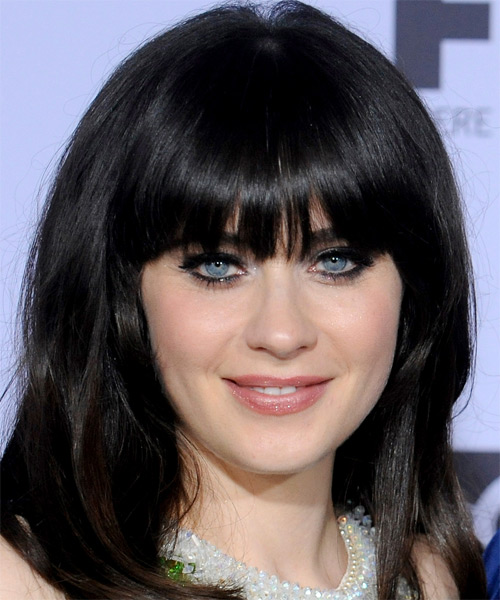 Zooey Deschanel Long Straight   Black    Hairstyle with Blunt Cut Bangs
