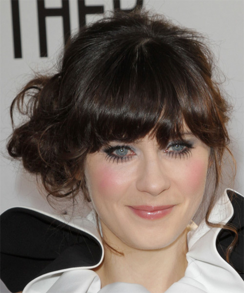 Zooey Deschanel  Long Curly   Dark Brunette  Updo Hairstyle with Blunt Cut Bangs - side on view