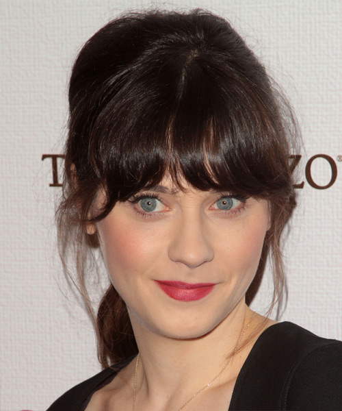 Zooey Deschanel  Long Straight   Dark Brunette  Updo Hairstyle with Blunt Cut Bangs