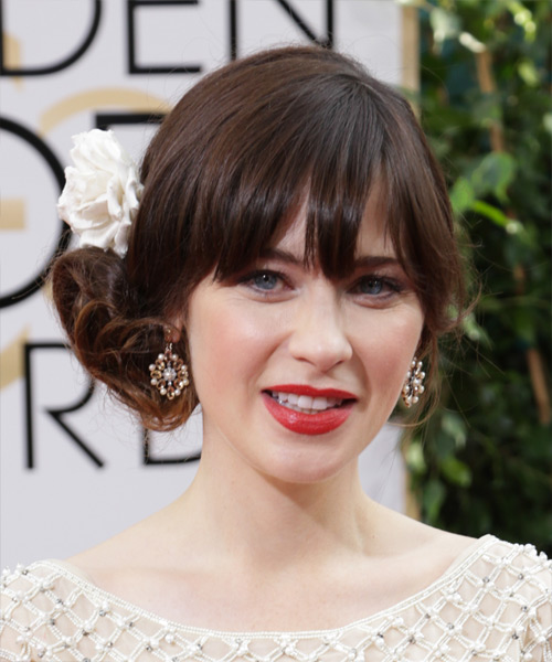 Zooey Deschanel  Long Curly   Dark Chocolate Brunette  Updo Hairstyle with Blunt Cut Bangs - side view